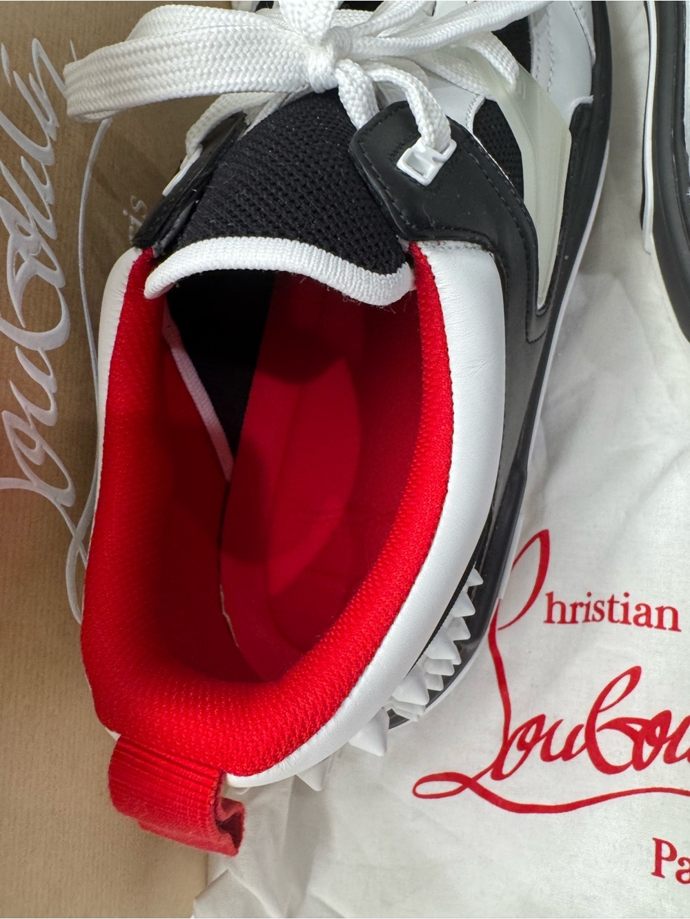 Christian Louboutin Black White Red Low-Top Lace-Up Sneaker - Picture 3 of 12
